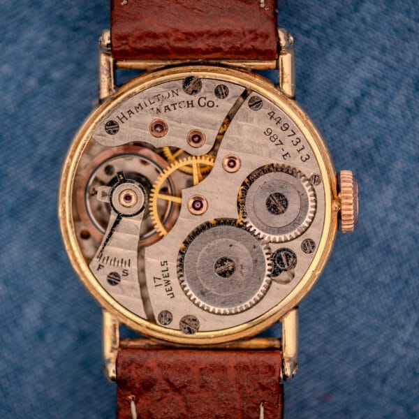 Hamilton caliber 987-E manual wind movement with Elinvar hairspring, 17 jewels, serial 4497313, stamped HAMILTON WATCH Co. and F S regulator scale