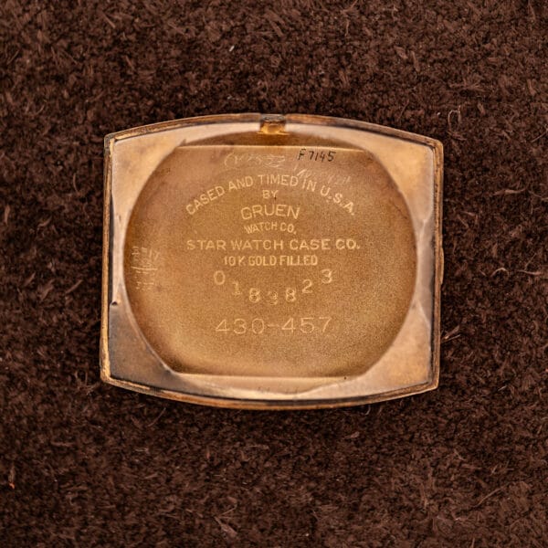 Gruen Veri-Thin Precision inner caseback stamped CASED AND TIMED IN U.S.A. BY GRUEN WATCH CO. STAR WATCH CASE CO. with serial 0183823 and reference 430-457