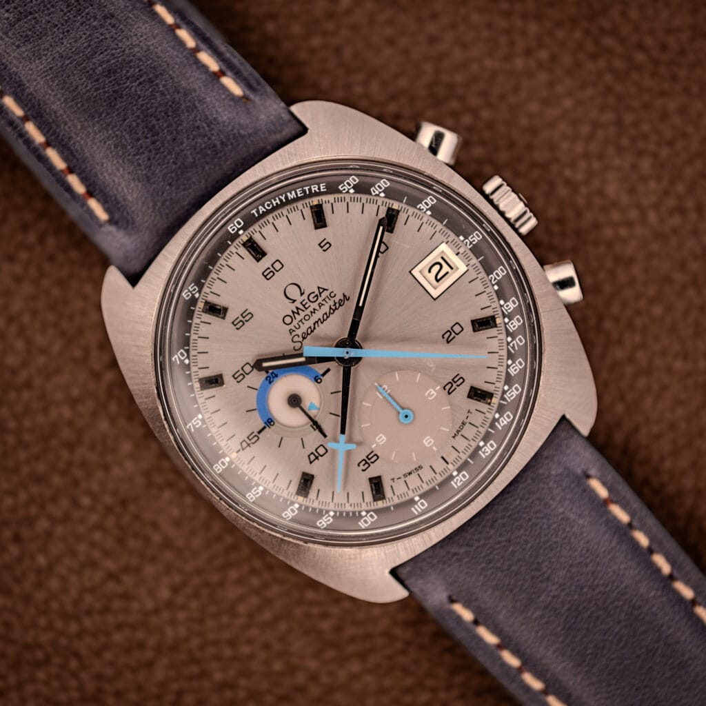 Omega Seamaster 176.007 Blue Jedi factory silver sunburst dial with sky-blue chronograph hands on navy leather strap