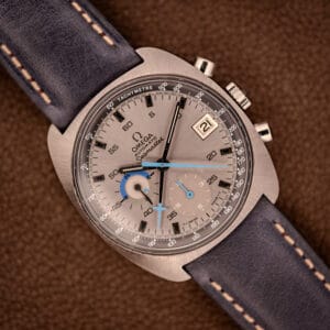 Omega Seamaster 176.007 Blue Jedi factory silver sunburst dial with sky-blue chronograph hands on navy leather strap