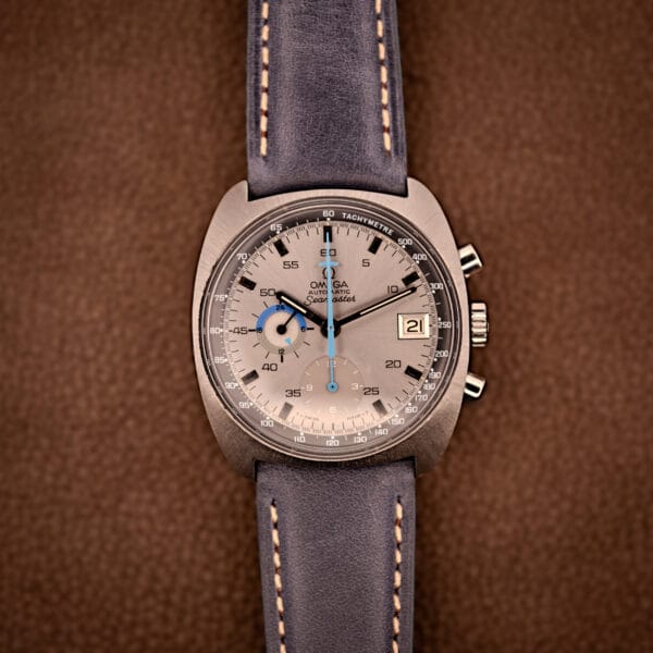 Omega Seamaster 176.007 straight-on view showing brushed top surfaces, cushion silhouette and 22mm lug width