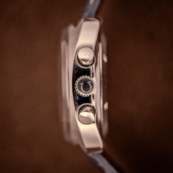 Omega 176.007 case profile detail with twin pump chronograph pushers flanking the OTTUHR signed horseshoe crown