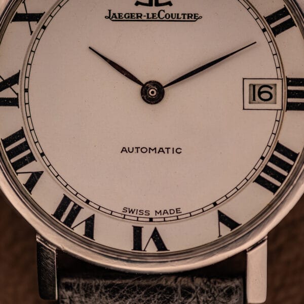 Jaeger LeCoultre Ref. 5003.42 dial center showing AUTOMATIC text, SWISS MADE at six, and the framed date aperture at three.