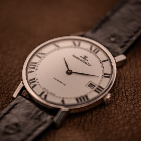 Jaeger LeCoultre Ultra Thin Ref. 5003.42 stainless steel case at angle, 34.5mm round profile, black ostrich leather strap.