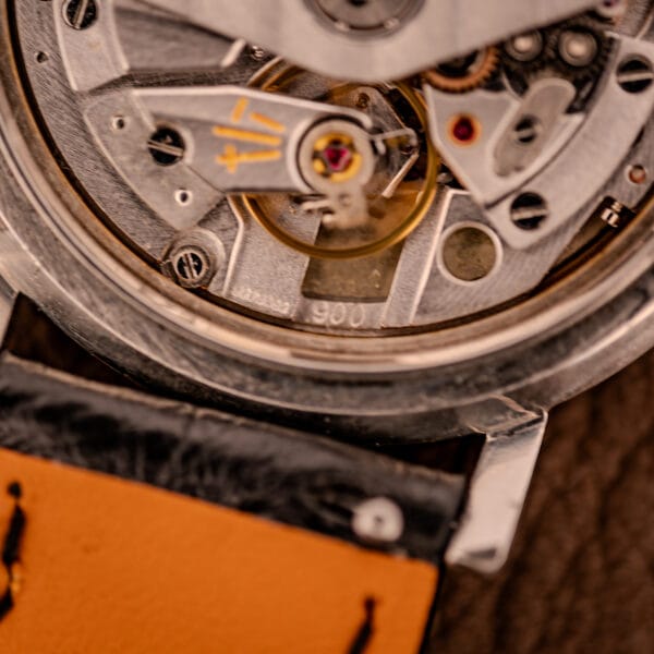 Macro of Jaeger LeCoultre caliber 900 movement bridge showing the caliber number stamped clean above the balance wheel.