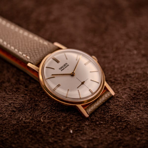 Gruen Precision 510 Doctor No Bond watch wrist-ready three-quarter shot with cream dial and gold tapered lugs