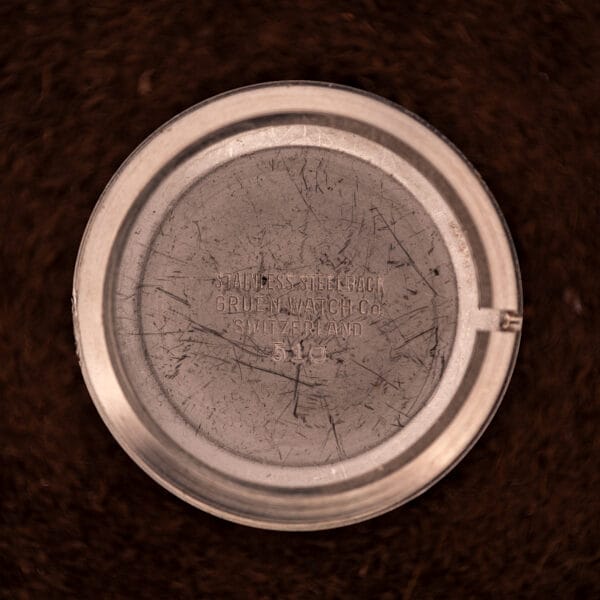 Gruen Precision 510 inner caseback stamped STAINLESS STEEL BACK GRUEN WATCH Co SWITZERLAND with period case number