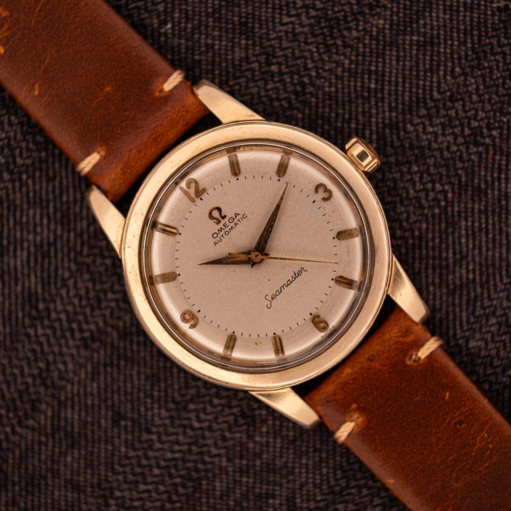 Vintage Omega Automatic Seamaster reference GX 6250 in 14k gold filled case on chocolate brown leather strap