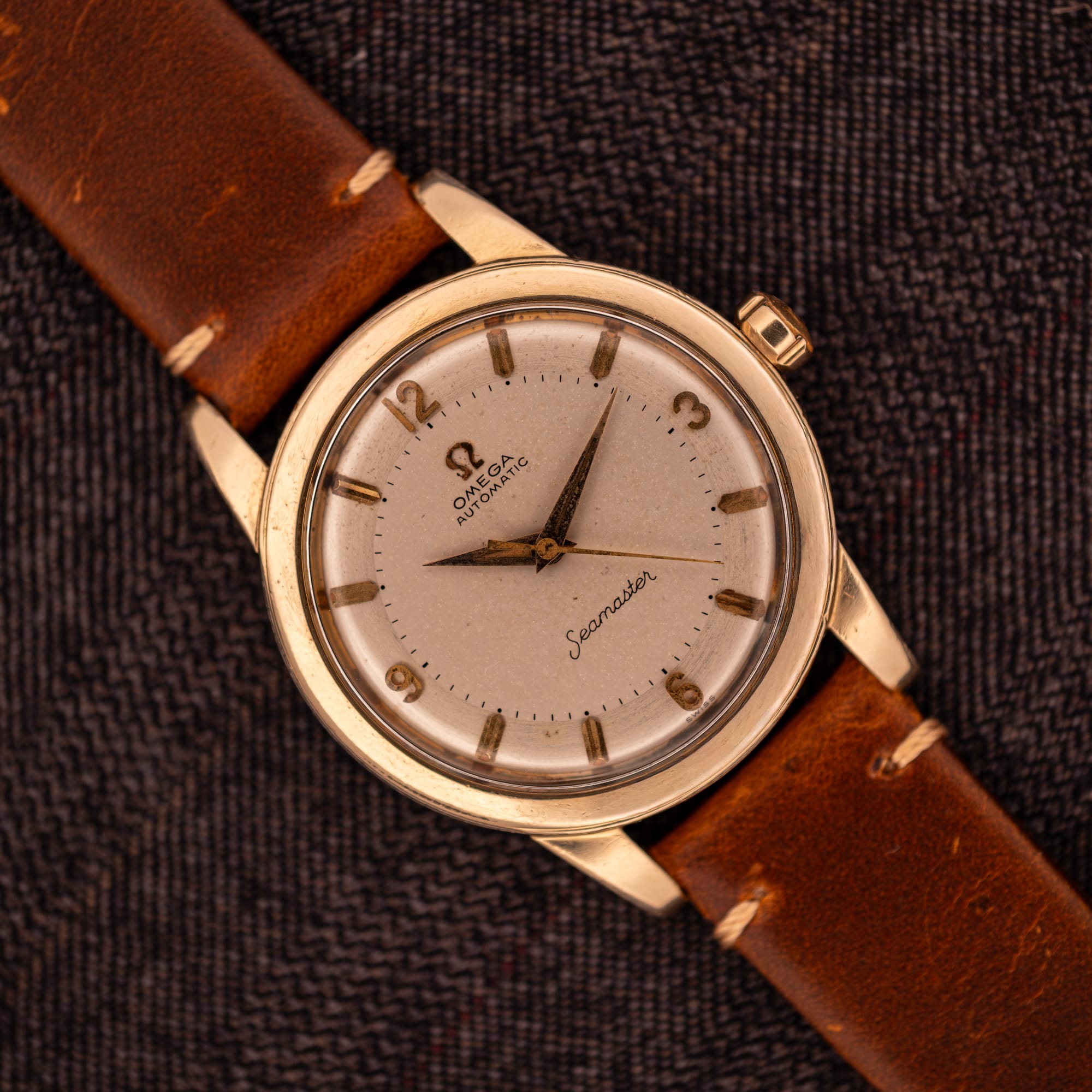 DSCF3039 Vintage Omega Automatic Seamaster reference GX 6250 in 14k gold filled case on chocolate brown leather strap