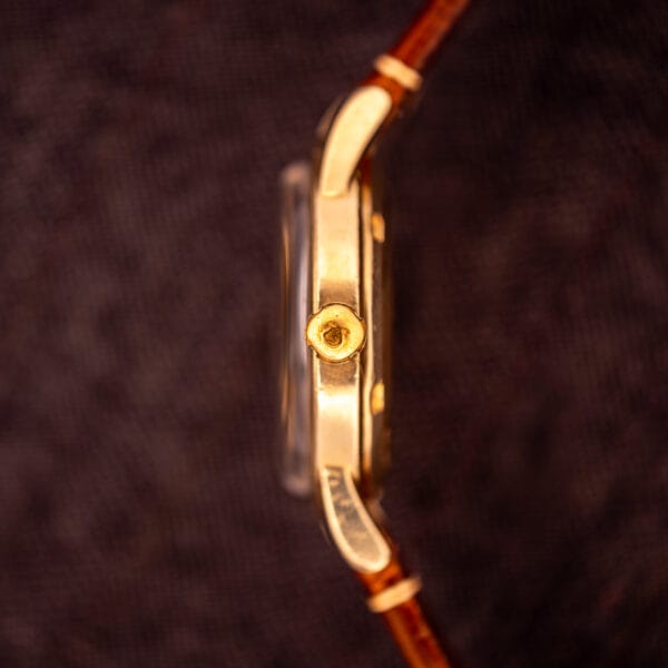 Omega Seamaster GX 6250 left case profile showing faceted Omega-signed crown and stepped gold filled bezel