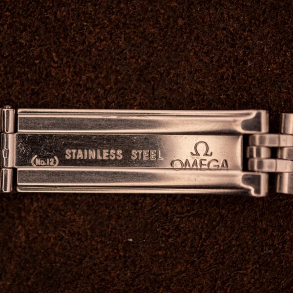 Stainless steel No.12 Omega beads-of-rice bracelet clasp stamped STAINLESS STEEL Omega logo on the Ladymatic 566.002