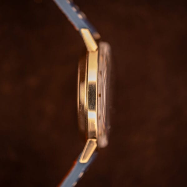 Hamilton Masterpiece side profile detail of the signed crown stamped with the Hamilton H-star emblem