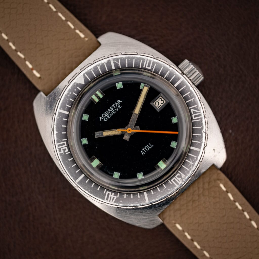 Aquastar Geneve Atoll Ref. 1001 vintage skin diver on mud grey Saffiano leather strap, matte black dial with orange sweep seconds