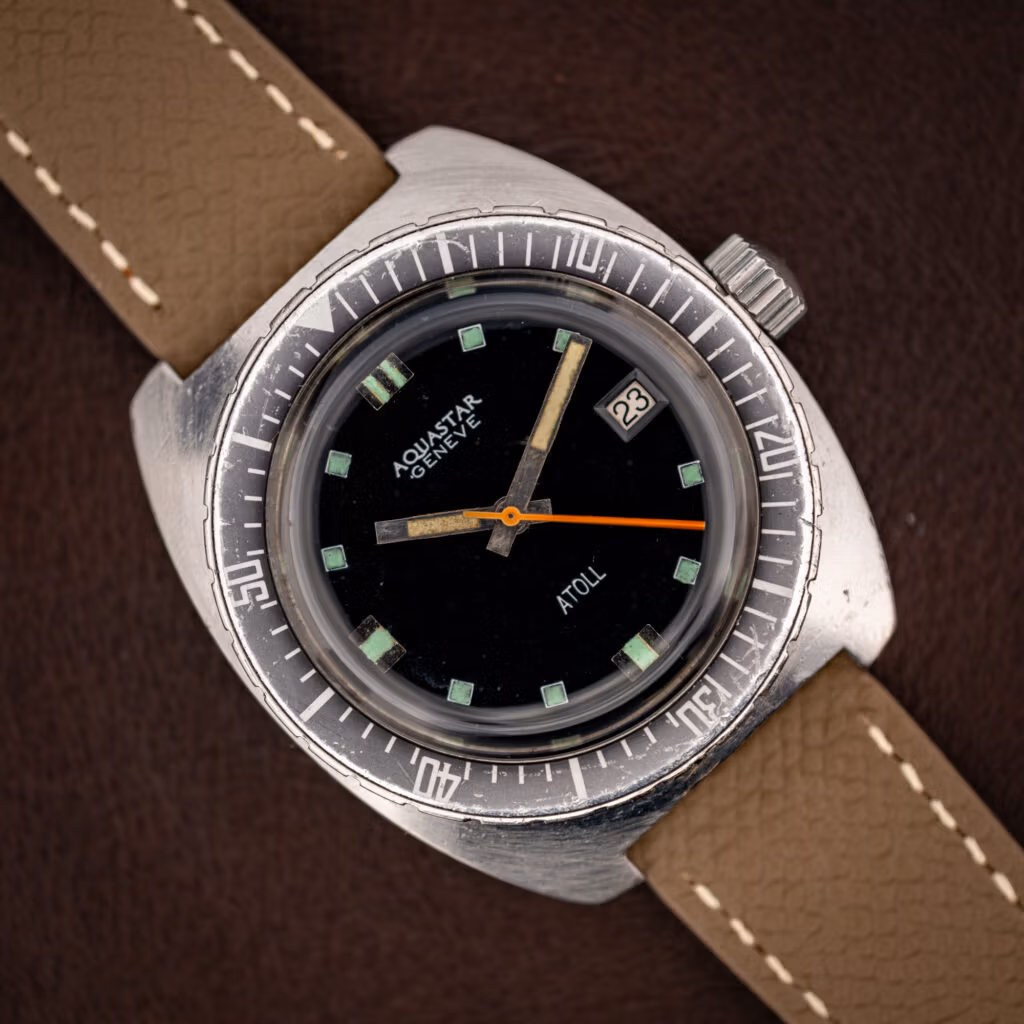 Aquastar Geneve Atoll Ref. 1001 vintage skin diver on mud grey Saffiano leather strap, matte black dial with orange sweep seconds