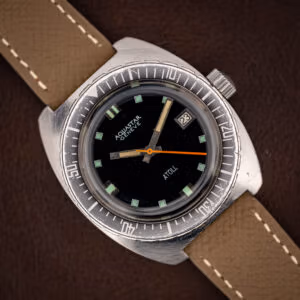 Aquastar Geneve Atoll Ref. 1001 vintage skin diver on mud grey Saffiano leather strap, matte black dial with orange sweep seconds