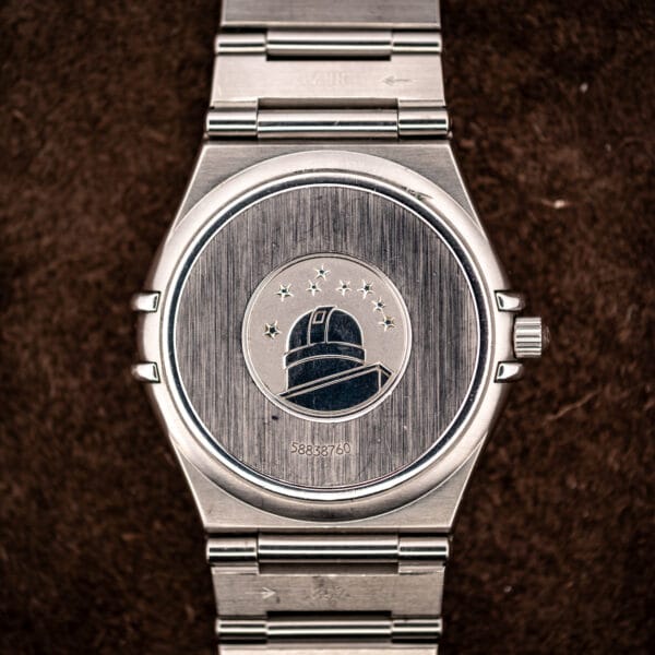 Omega Constellation 1512.30 caseback in stainless steel with engraved Geneva Observatory medallion, eight stars, and serial 58838768