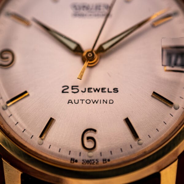 Vintage Gruen Precision dial lower half, 25 JEWELS AUTOWIND printing, applied gold 6, B SWISS B signature at minute track