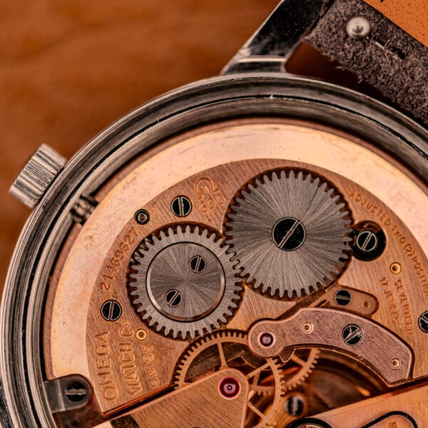 Omega caliber 600 macro showing the swan-neck regulator above the balance and the ADJUSTED 1 POSITION bridge engraving