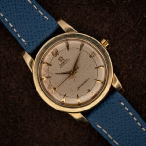 Omega Seamaster bumper Ref. 2577-19 gold-capped case with eggshell dial on a blue grained leather strap