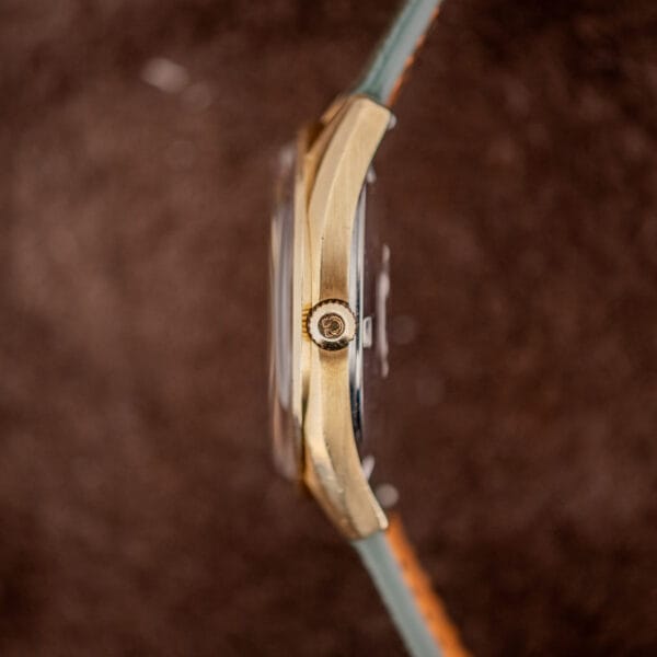 Omega Seamaster 166.028 case profile showing the signed Omega crown and gold-capped band