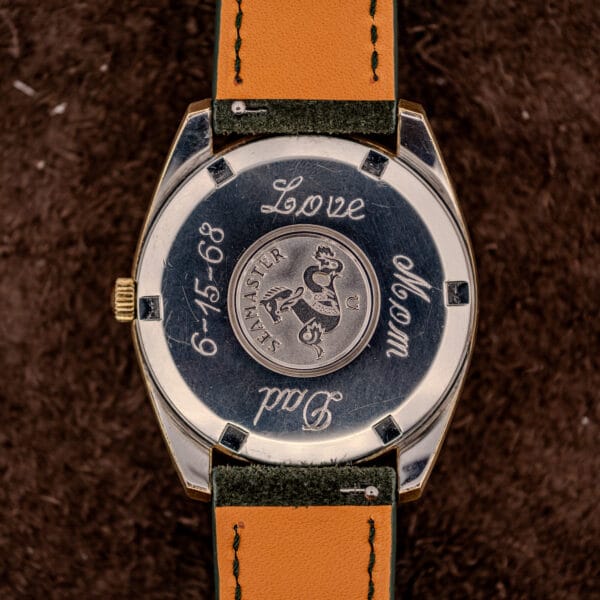 Omega Seamaster 166.028 steel caseback with Seamaster seahorse medallion engraved Love Mom Dad 6-15-68