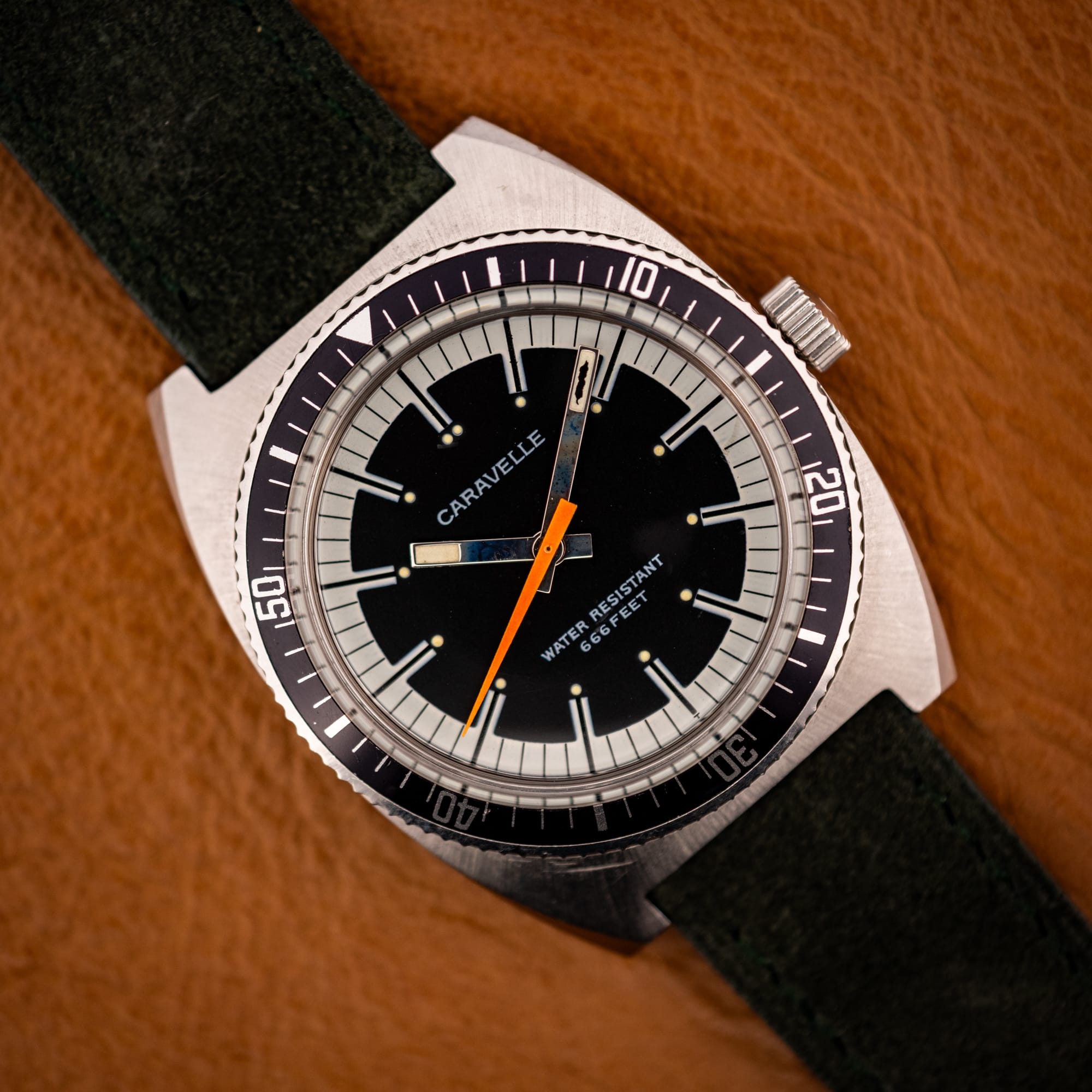 DSCF3411 Caravelle Devil Diver ref 3286-DP black starburst dial with orange seconds hand and rotating dive bezel