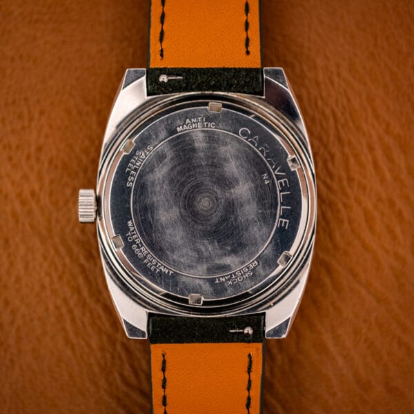 Caravelle Devil Diver caseback stamped ANTI-MAGNETIC STAINLESS STEEL CARAVELLE N-F WATER RESISTANT SHOCK RESISTANT