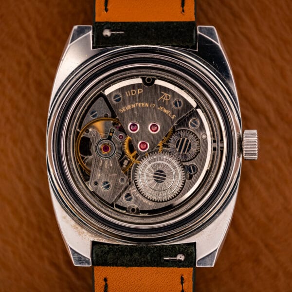 Caravelle caliber 11DP seventeen jewel hand-wound movement inside cushion stainless steel case