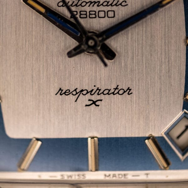 Zenith Respirator X dial detail with respirator X script and the SWISS MADE T tritium signature at the foot