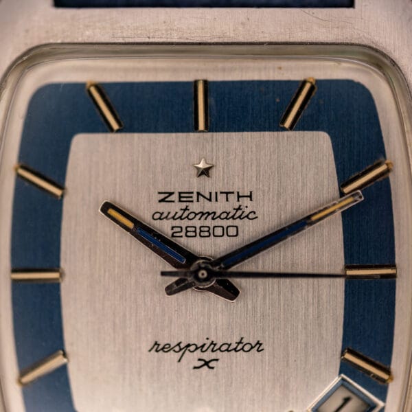 Zenith Respirator X dial close-up showing applied star logo above ZENITH automatic 28800 and the respirator X script