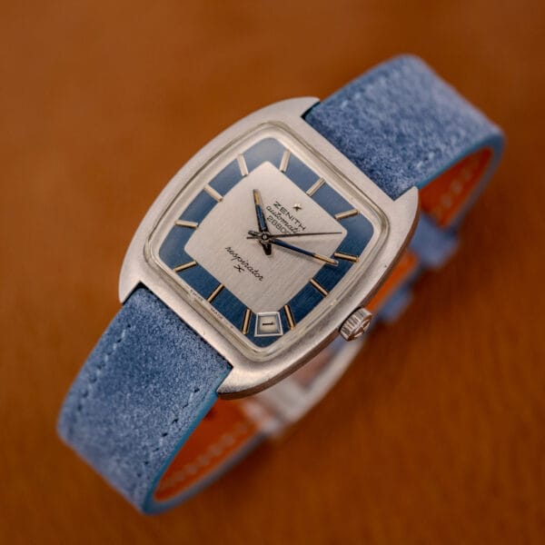 Zenith Respirator X tonneau automatic on a powder-blue Italian suede strap, three-quarter view on tan leather