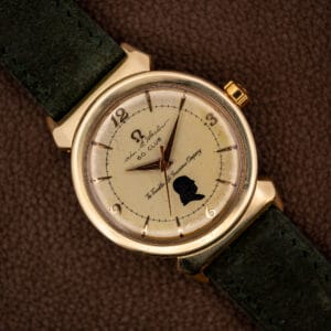Omega Seamaster 14363-1 SC gold-capped hooded lug case with Franklin Life 60 Club presentation dial on green suede strap