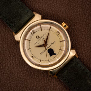 Omega Seamaster 14363-1 SC gold-capped hooded lug case with Franklin Life 60 Club presentation dial on green suede strap
