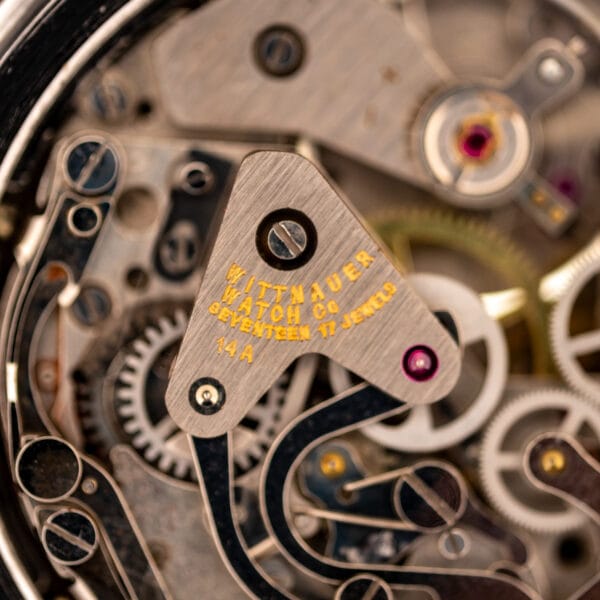Gold-engraved Wittnauer Watch Co bridge reading PATENTED SEVENTEEN 17 JEWELS on the Landeron 248 chronograph movement