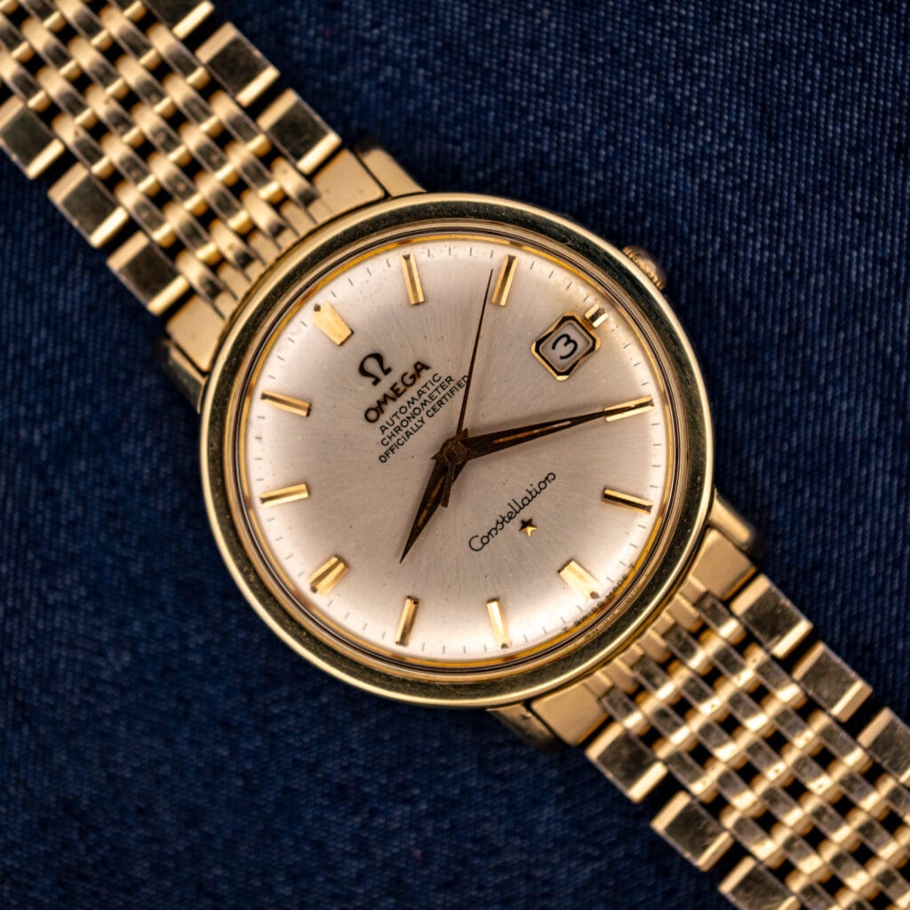 Omega Constellation 168.004 silver dial and gold-capped case on the original 14k gold-filled Omega beads-of-rice bracelet