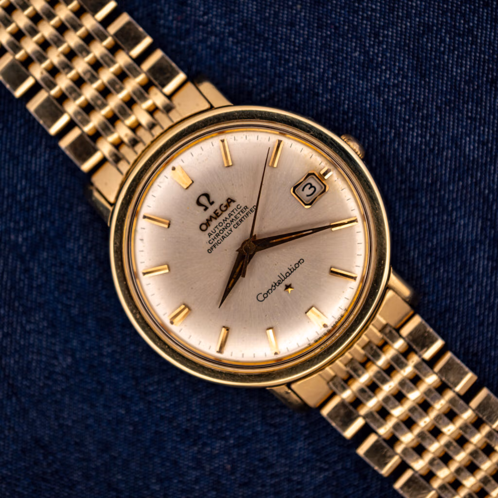 Omega Constellation 168.004 silver dial and gold-capped case on the original 14k gold-filled Omega beads-of-rice bracelet