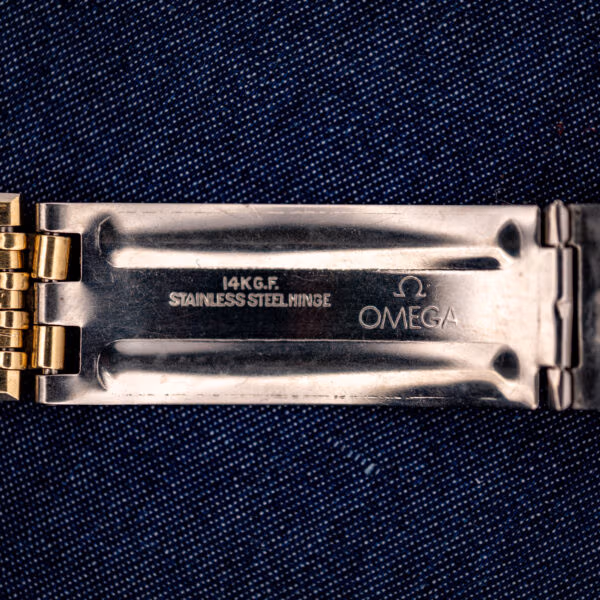 Omega Constellation bracelet clasp interior stamped 14K G.F., STAINLESS STEEL HINGE, and the Omega symbol