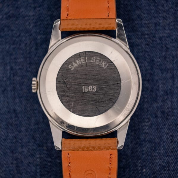 Omega 14772 outer caseback engraved SANEI SEIKI and 1963, a period Japanese presentation marking