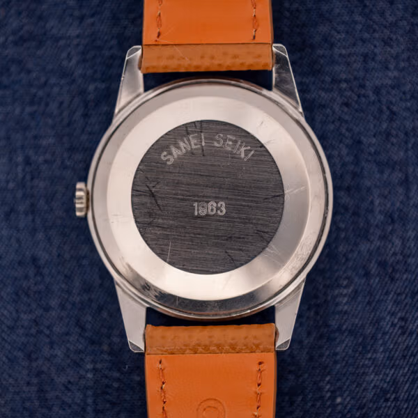 Omega 14772 outer caseback engraved SANEI SEIKI and 1963, a period Japanese presentation marking