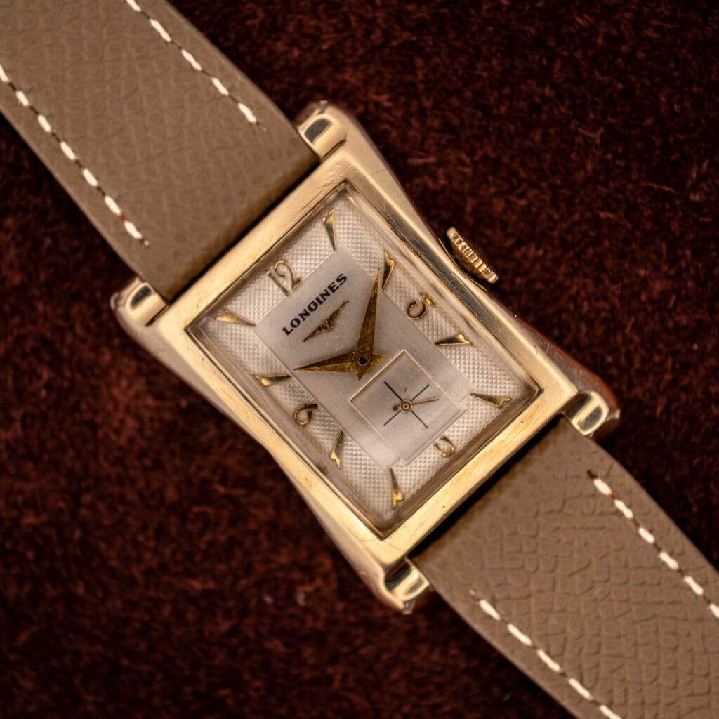 Longines 2148-1 gold-filled Art Deco tank with two-tone silver dial on mud grey leather strap