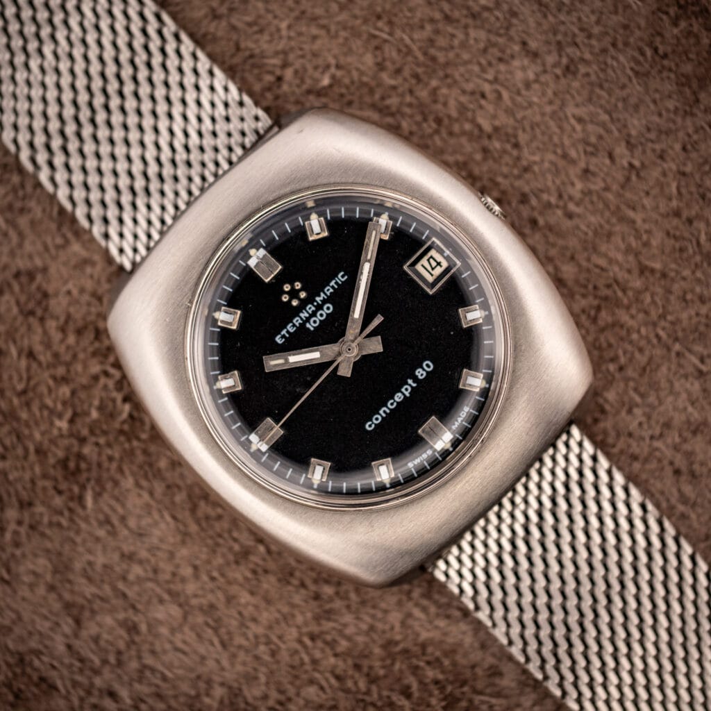 Eterna Matic 1000 Concept 80 ref 156T black dial brushed steel cushion case on steel mesh bracelet