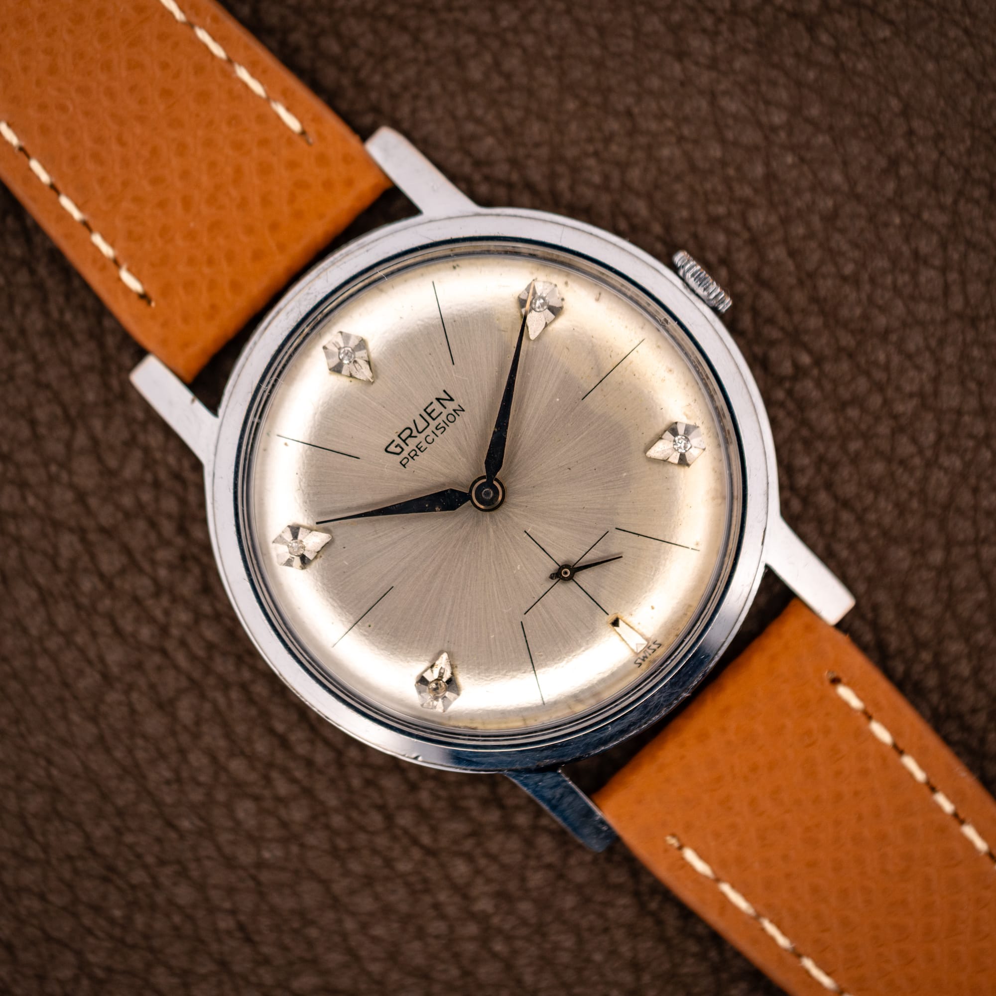 DSCF3671 Vintage Gruen Precision diamond sunburst dial wristwatch on honey leather strap, full front view