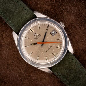 Omega Seamaster 166.028 sandblasted silver dial with bright orange central seconds hand on forest green suede strap