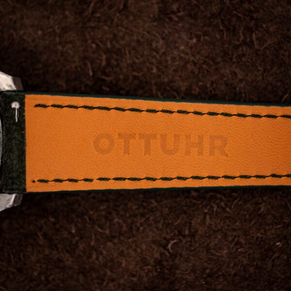 Forest green Italian suede strap with orange lining embossed OTTUHR for the Omega Seamaster 166.028