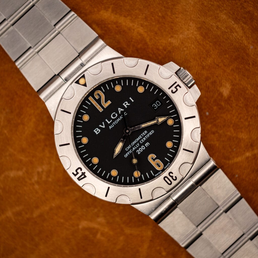 Bulgari Diagono Scuba SD38S black chronometer dial and scalloped steel diver bezel on original steel bracelet