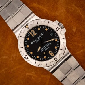 Bulgari Diagono Scuba SD38S black chronometer dial and scalloped steel diver bezel on original steel bracelet