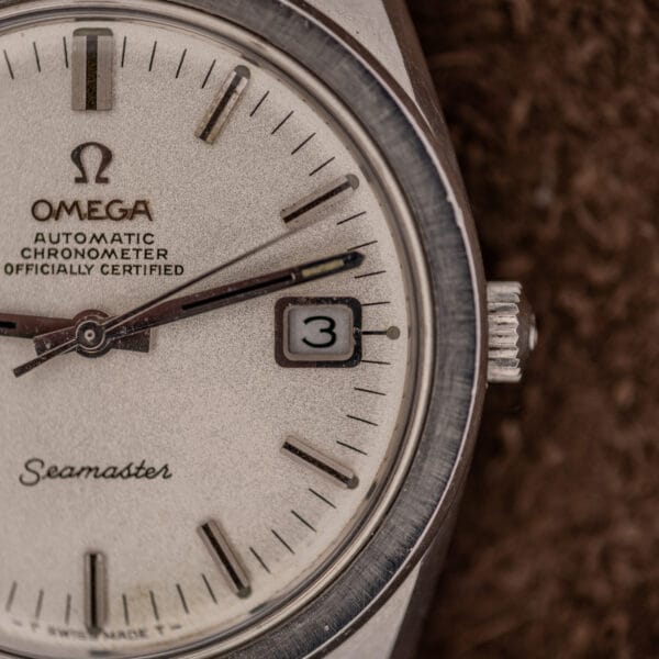 Omega Seamaster dial macro reading Automatic Chronometer Officially Certified with applied Omega logo and signed crown