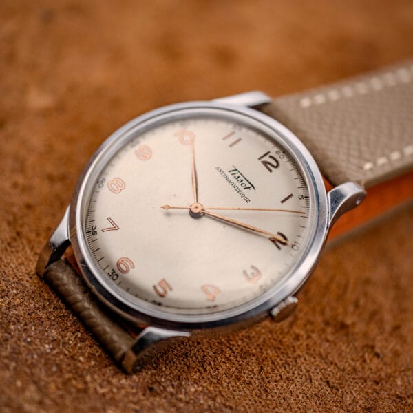 Tissot Antimagnetique Jumbo 66718 three-quarter view, 37.5mm steel case and gilt-numeral eggshell dial