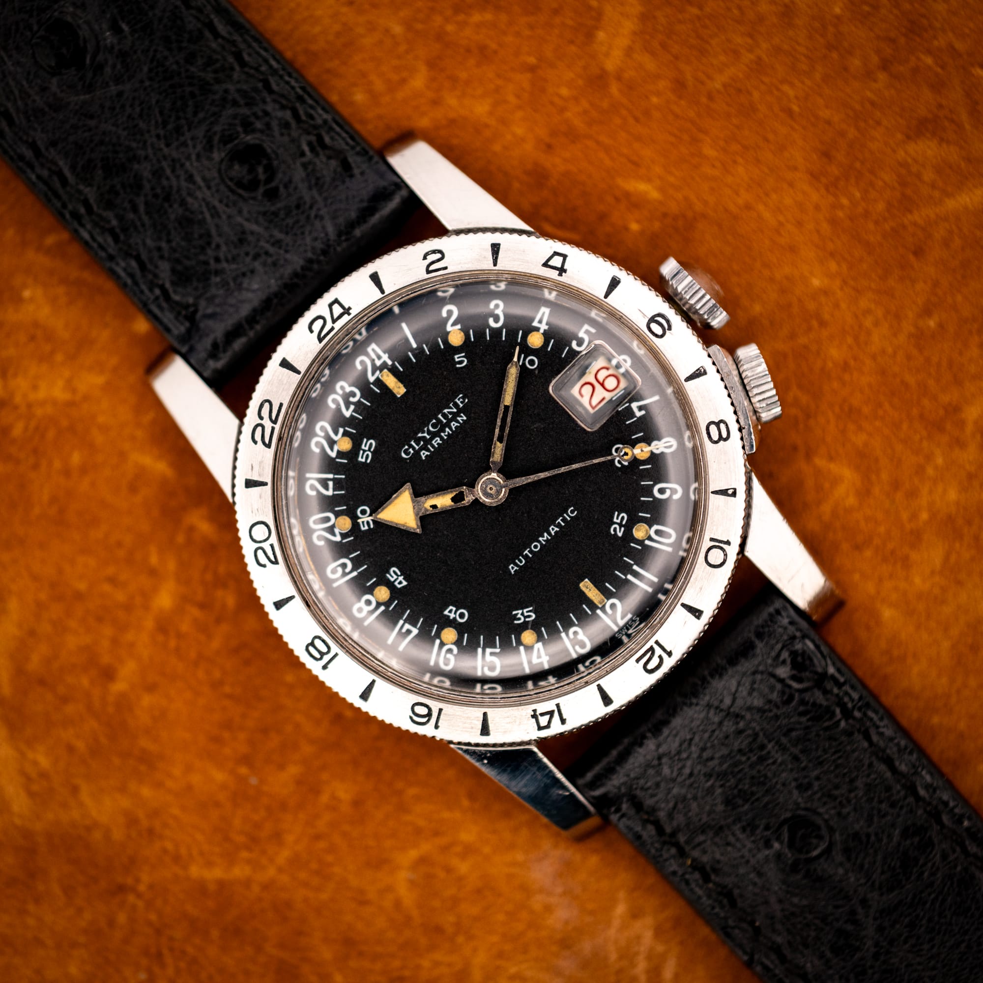 DSCF3885 Glycine Airman GMT automatic black 24-hour dial on black ostrich strap, top-down view
