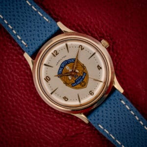 Hamilton Thin-O-Matic in 10k gold filled case with National Safety Council Safe Driver Award dial on a blue leather strap